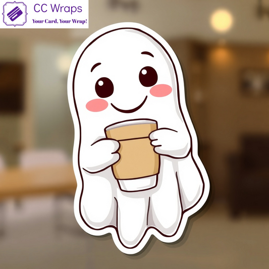 Funny Cute Ghost With Coffee Vinyl Sticker Kawaii Spooky Decal for Car Laptop Bo